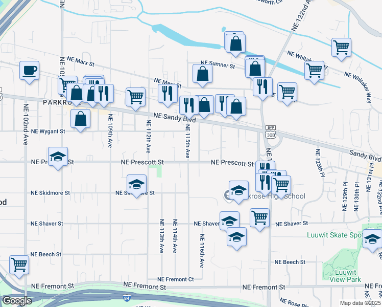 map of restaurants, bars, coffee shops, grocery stores, and more near 4610 Northeast 115th Avenue in Portland