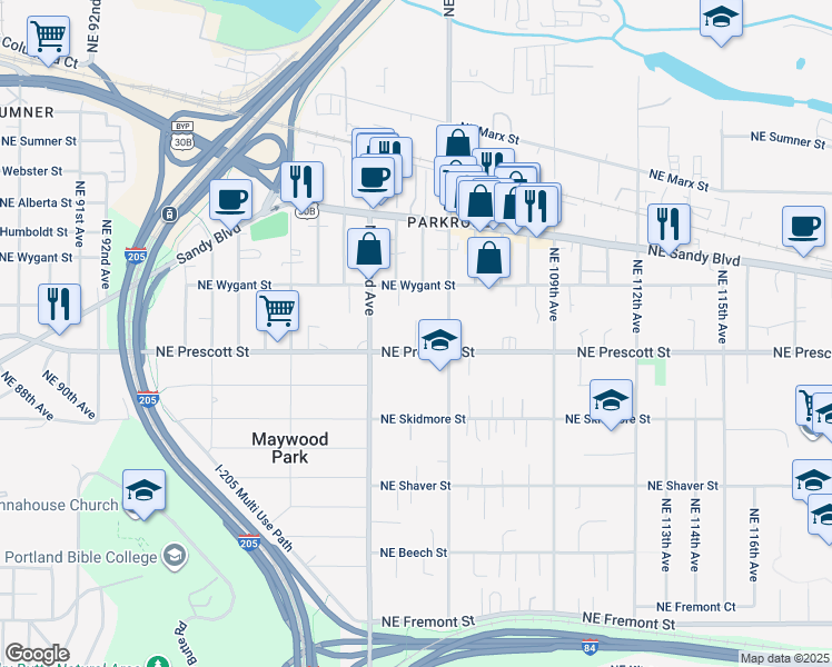 map of restaurants, bars, coffee shops, grocery stores, and more near 10336 Northeast Wygant Street in Portland