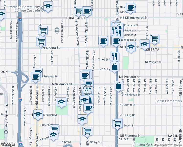 map of restaurants, bars, coffee shops, grocery stores, and more near 4606 Northeast Cleveland Avenue in Portland