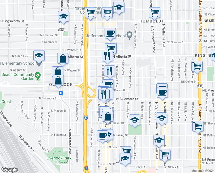 map of restaurants, bars, coffee shops, grocery stores, and more near 4615 North Mississippi Avenue in Portland