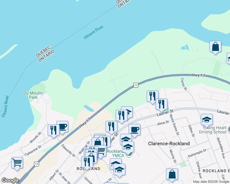 map of restaurants, bars, coffee shops, grocery stores, and more near 300 Pigeon Street in Clarence-Rockland