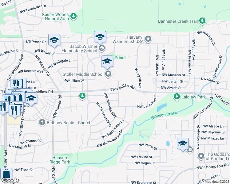 map of restaurants, bars, coffee shops, grocery stores, and more near 14037 Northwest Tradewind Street in Portland