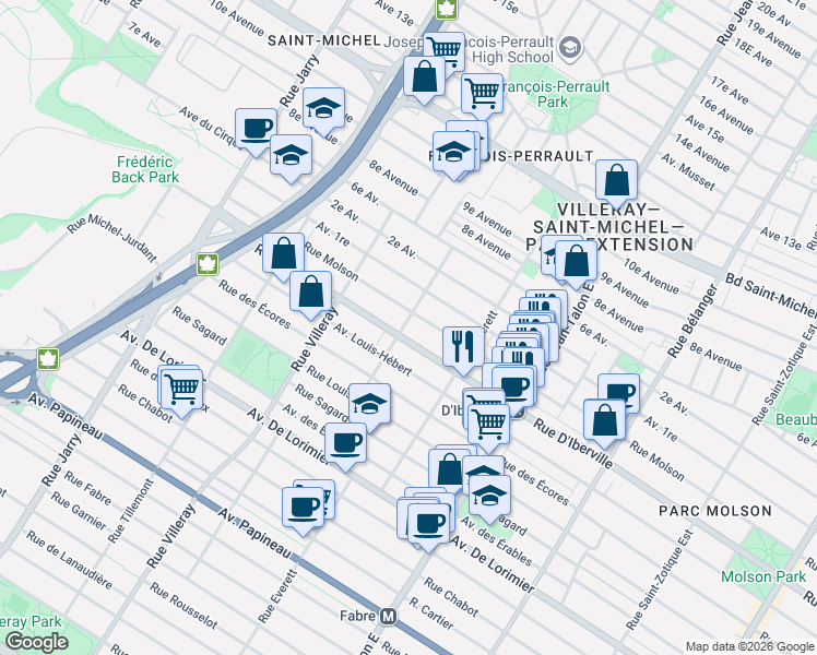 map of restaurants, bars, coffee shops, grocery stores, and more near 2522 Rue L.-O.-David in Montréal