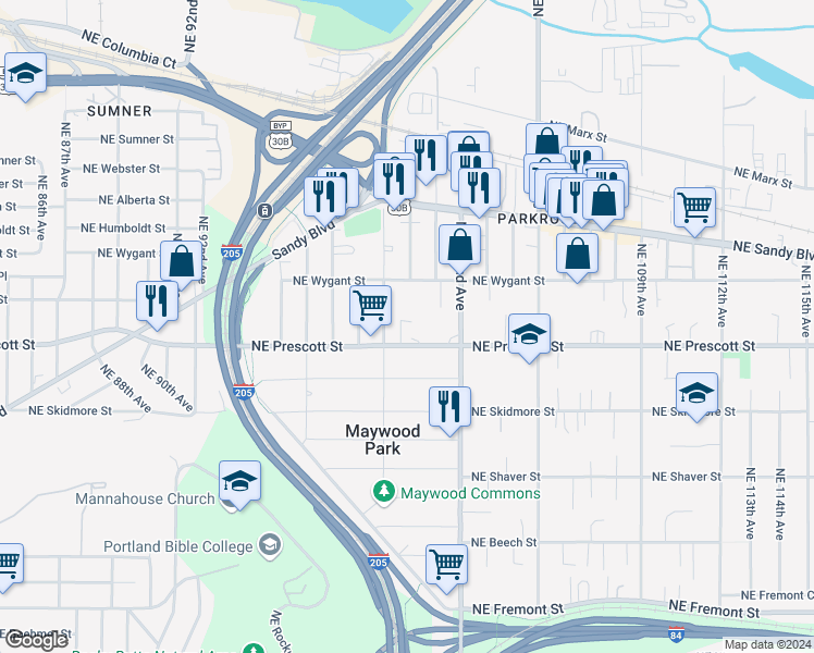 map of restaurants, bars, coffee shops, grocery stores, and more near 9923-9943 Northeast Prescott Street in Portland