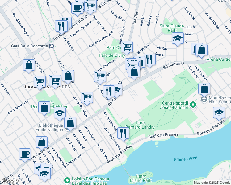 map of restaurants, bars, coffee shops, grocery stores, and more near 313 Boulevard Cartier Ouest in Laval