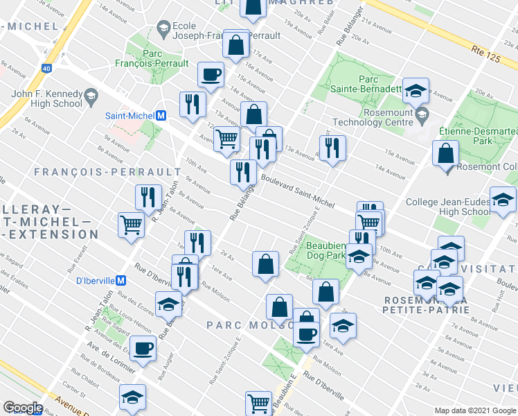 map of restaurants, bars, coffee shops, grocery stores, and more near 6915 9e Avenue in Montréal