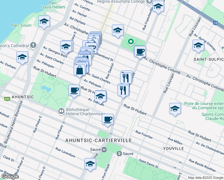 map of restaurants, bars, coffee shops, grocery stores, and more near 9915 Avenue Péloquin in Montréal
