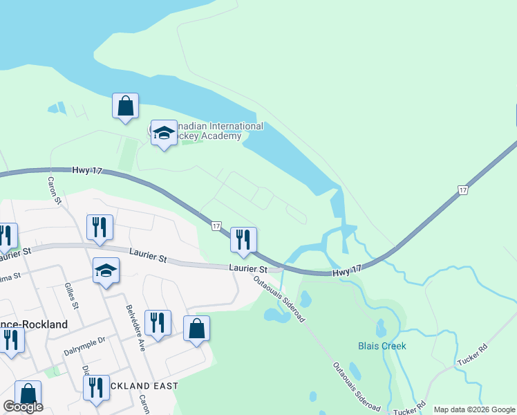 map of restaurants, bars, coffee shops, grocery stores, and more near 299 Rue de l'Étang in Clarence-Rockland