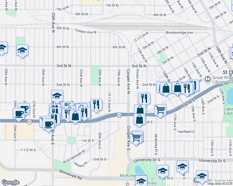 map of restaurants, bars, coffee shops, grocery stores, and more near 149 19th Avenue North in St. Cloud