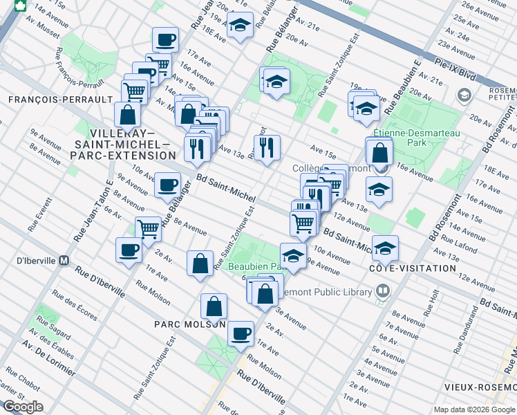 map of restaurants, bars, coffee shops, grocery stores, and more near 3244 Rue Saint Zotique Est in Montréal