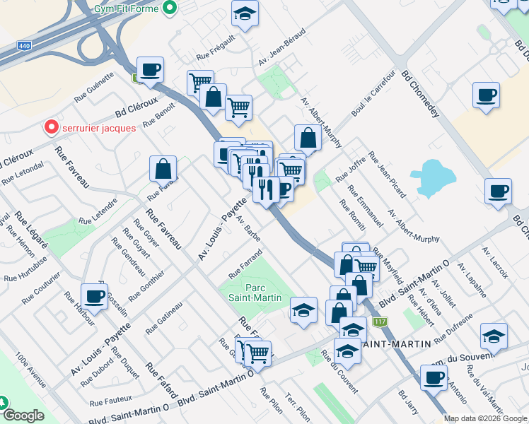 map of restaurants, bars, coffee shops, grocery stores, and more near 2064-A Boulevard Curé-Labelle in Laval