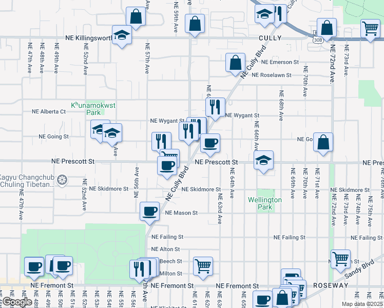 map of restaurants, bars, coffee shops, grocery stores, and more near 4549 Northeast Cully Boulevard in Portland
