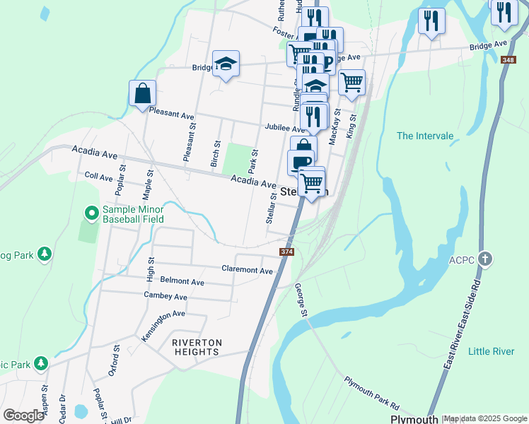 map of restaurants, bars, coffee shops, grocery stores, and more near 118 Stellar Street in Stellarton