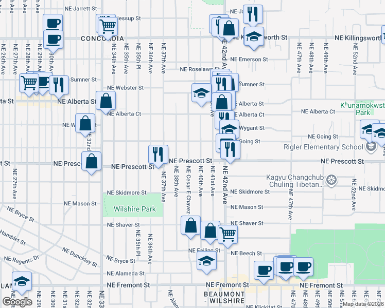 map of restaurants, bars, coffee shops, grocery stores, and more near 4590 Northeast Cesar E Chavez Boulevard in Portland