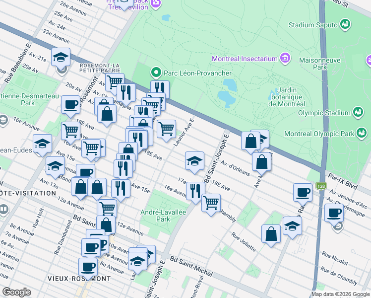 map of restaurants, bars, coffee shops, grocery stores, and more near 5154 Avenue d'Orléans in Montrã©Al