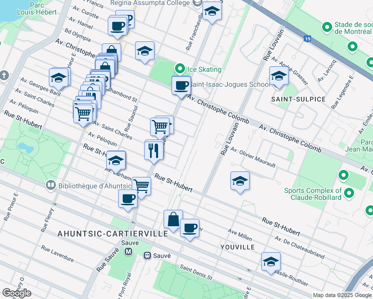 map of restaurants, bars, coffee shops, grocery stores, and more near 1100 Rue de Port-Royal Est in Montréal