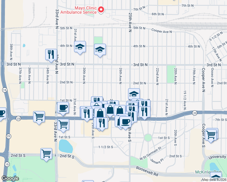 map of restaurants, bars, coffee shops, grocery stores, and more near 128 27th Avenue North in St. Cloud