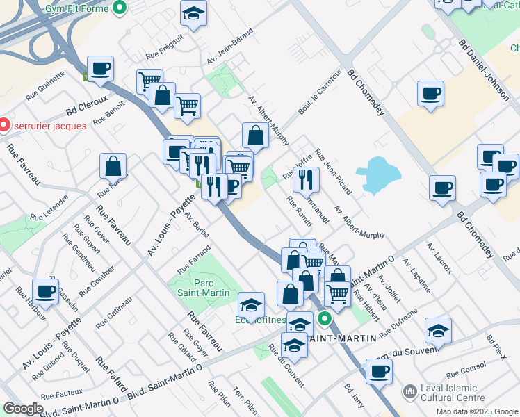 map of restaurants, bars, coffee shops, grocery stores, and more near 1985 Boulevard Curé-Labelle in Laval
