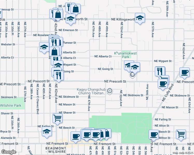 map of restaurants, bars, coffee shops, grocery stores, and more near 4755 Northeast Prescott Street in Portland
