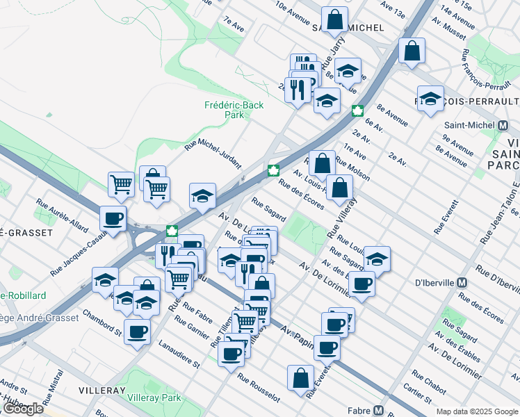 map of restaurants, bars, coffee shops, grocery stores, and more near 8020 Rue Sagard in Montréal