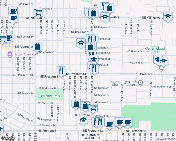 map of restaurants, bars, coffee shops, grocery stores, and more near 4524 Northeast 41st Avenue in Portland