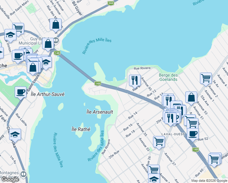 map of restaurants, bars, coffee shops, grocery stores, and more near 500 Boulevard Arthur-Sauvé in Laval