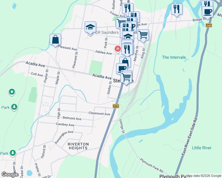 map of restaurants, bars, coffee shops, grocery stores, and more near 125 Stellar Street in Stellarton