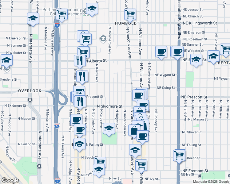 map of restaurants, bars, coffee shops, grocery stores, and more near 4591 North Haight Avenue in Portland