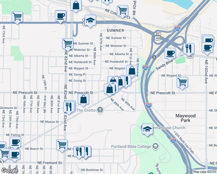 map of restaurants, bars, coffee shops, grocery stores, and more near 4553 Northeast 88th Avenue in Portland