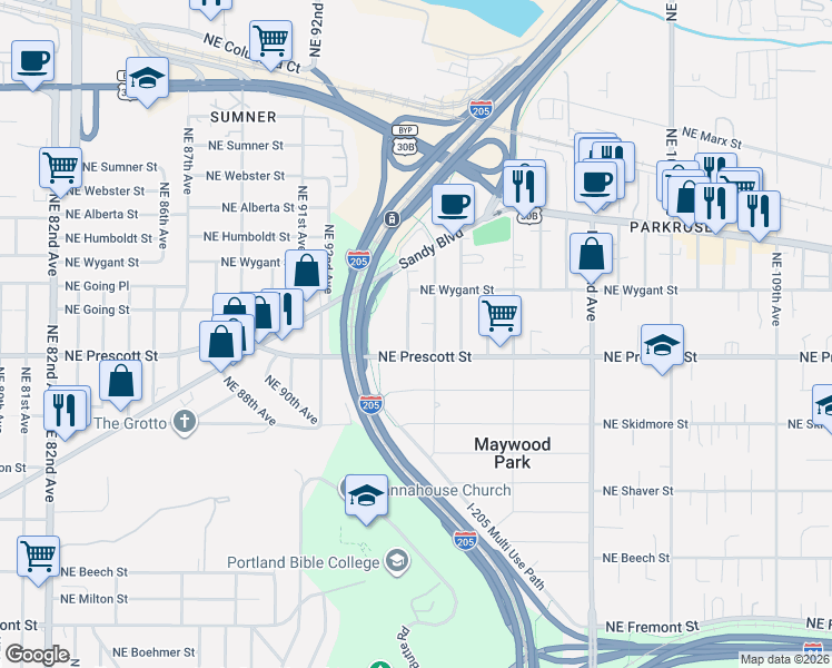 map of restaurants, bars, coffee shops, grocery stores, and more near 4607 Northeast 95th Avenue in Portland