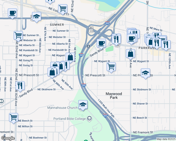 map of restaurants, bars, coffee shops, grocery stores, and more near 4607 Northeast 95th Avenue in Portland