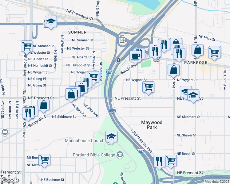 map of restaurants, bars, coffee shops, grocery stores, and more near 4613 Northeast 95th Avenue in Portland