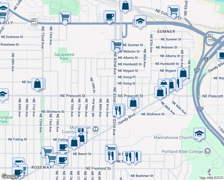 map of restaurants, bars, coffee shops, grocery stores, and more near 4564 Cascade Highway in Portland