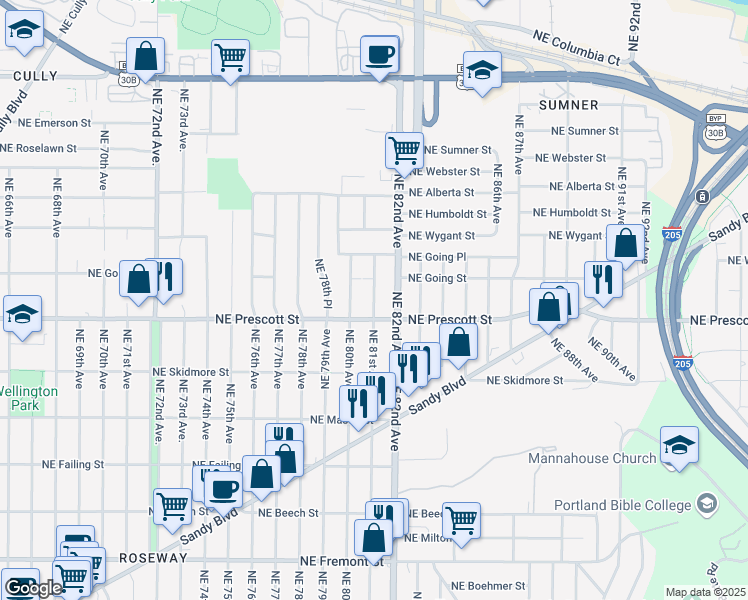 map of restaurants, bars, coffee shops, grocery stores, and more near 4569 Northeast 81st Avenue in Portland