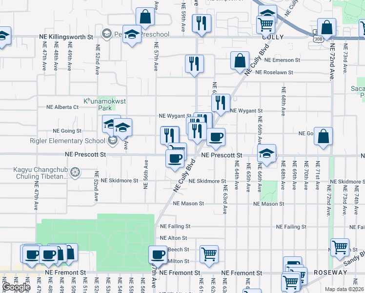 map of restaurants, bars, coffee shops, grocery stores, and more near 5836 Northeast Going Street in Portland