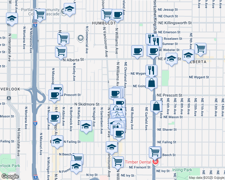 map of restaurants, bars, coffee shops, grocery stores, and more near 9 North Going Street in Portland