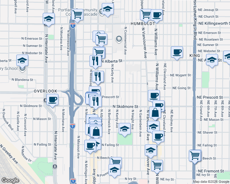map of restaurants, bars, coffee shops, grocery stores, and more near 4611 North Kerby Avenue in Portland