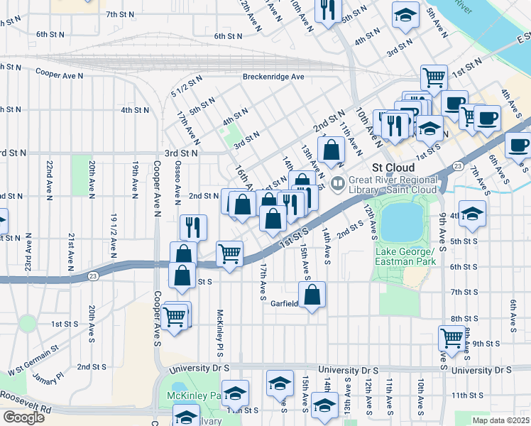 map of restaurants, bars, coffee shops, grocery stores, and more near 29 16th Avenue North in St. Cloud
