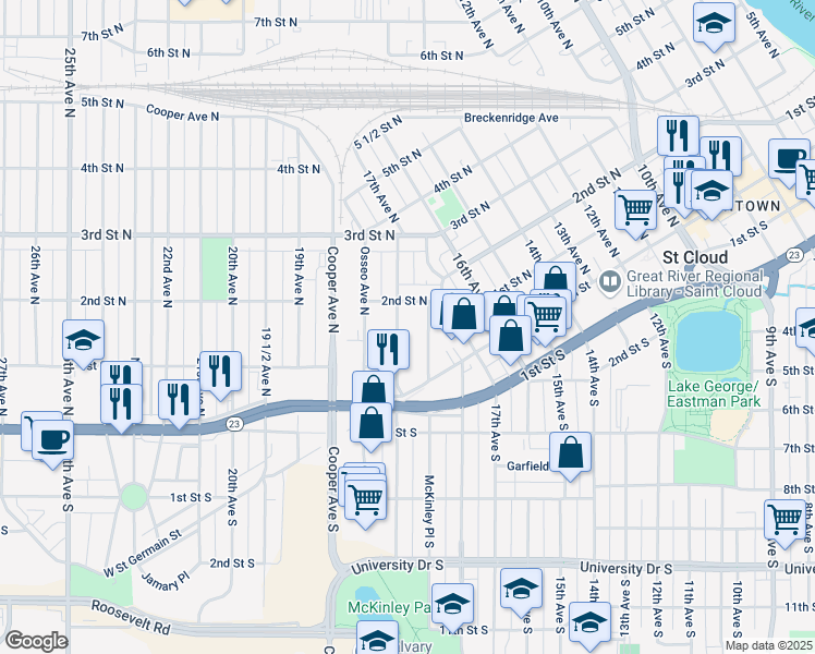 map of restaurants, bars, coffee shops, grocery stores, and more near 146 18th Avenue South in St. Cloud