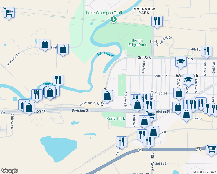 map of restaurants, bars, coffee shops, grocery stores, and more near 30 15th Avenue North in Waite Park
