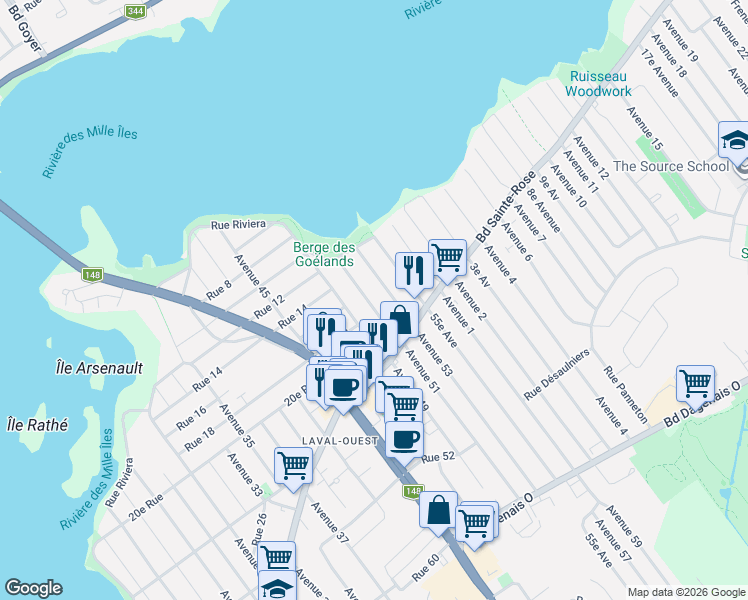 map of restaurants, bars, coffee shops, grocery stores, and more near 1721 51e Av in Laval