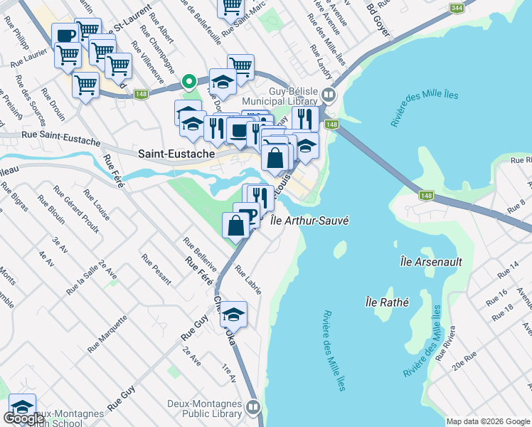 map of restaurants, bars, coffee shops, grocery stores, and more near 103 Rue Saint-Louis in Saint-Eustache