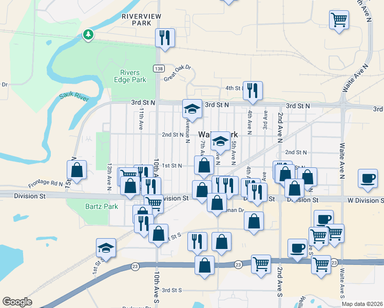 map of restaurants, bars, coffee shops, grocery stores, and more near 133 8th Avenue in Waite Park