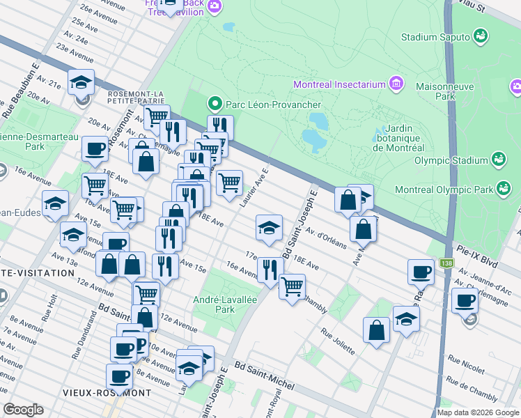map of restaurants, bars, coffee shops, grocery stores, and more near 5154 Avenue d'Orléans in Montrã©Al