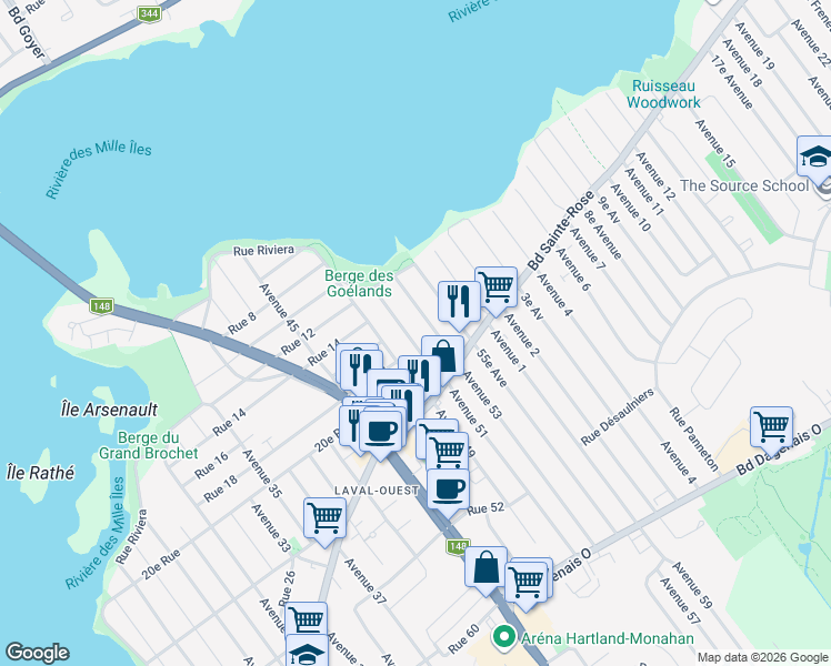 map of restaurants, bars, coffee shops, grocery stores, and more near 1721 51e Av in Laval