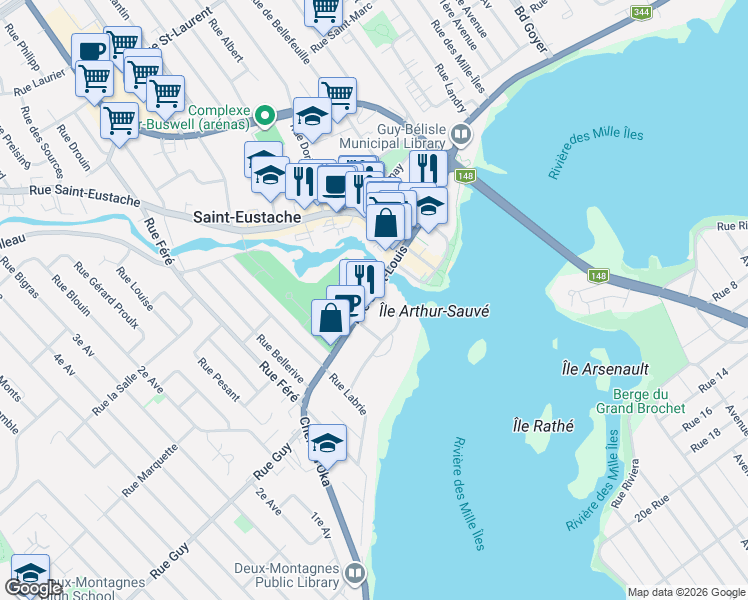 map of restaurants, bars, coffee shops, grocery stores, and more near 103 Rue Saint-Louis in Saint-Eustache