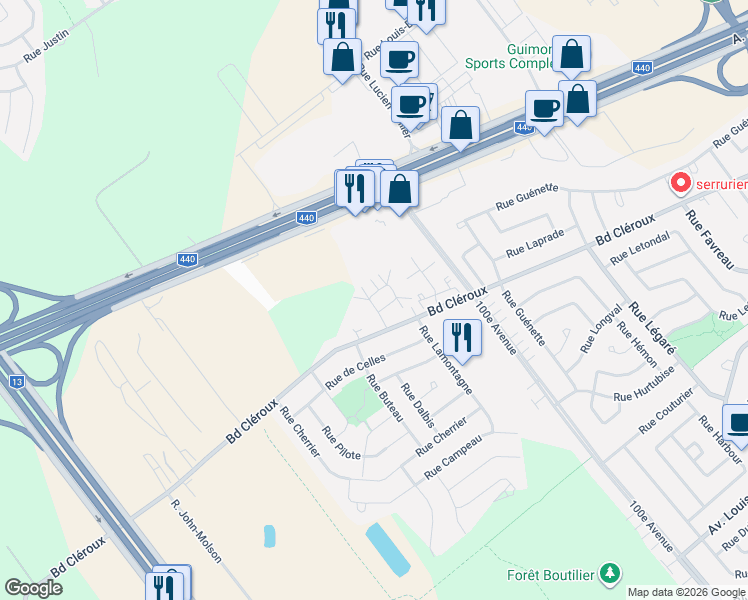map of restaurants, bars, coffee shops, grocery stores, and more near 2621 Rue Justine-Lacoste in Laval