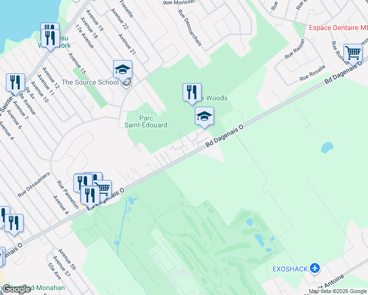map of restaurants, bars, coffee shops, grocery stores, and more near 4485 Boulevard Dagenais Ouest in Laval