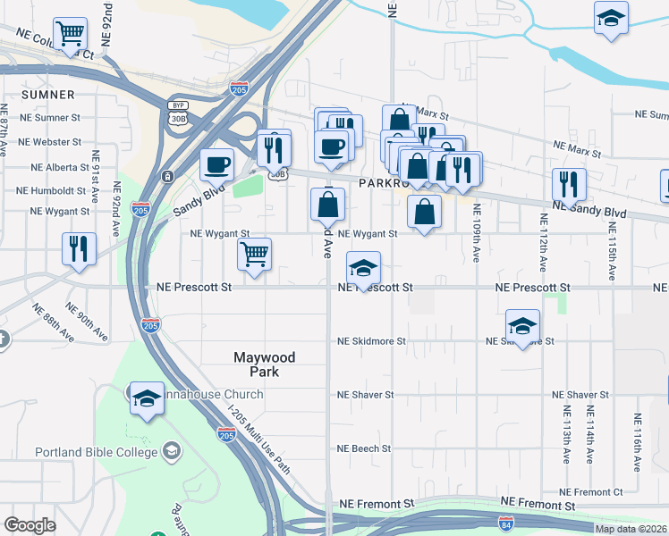 map of restaurants, bars, coffee shops, grocery stores, and more near 4536 Northeast 102nd Avenue in Portland
