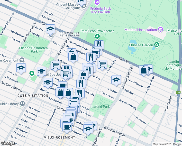 map of restaurants, bars, coffee shops, grocery stores, and more near in Montreal